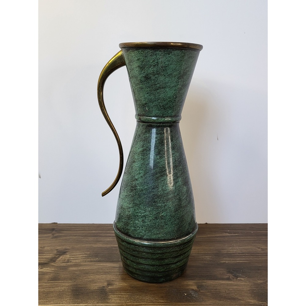 Vintage Sabra Israel Verdigris Brass Pitcher MCM Green Vase 12.5in